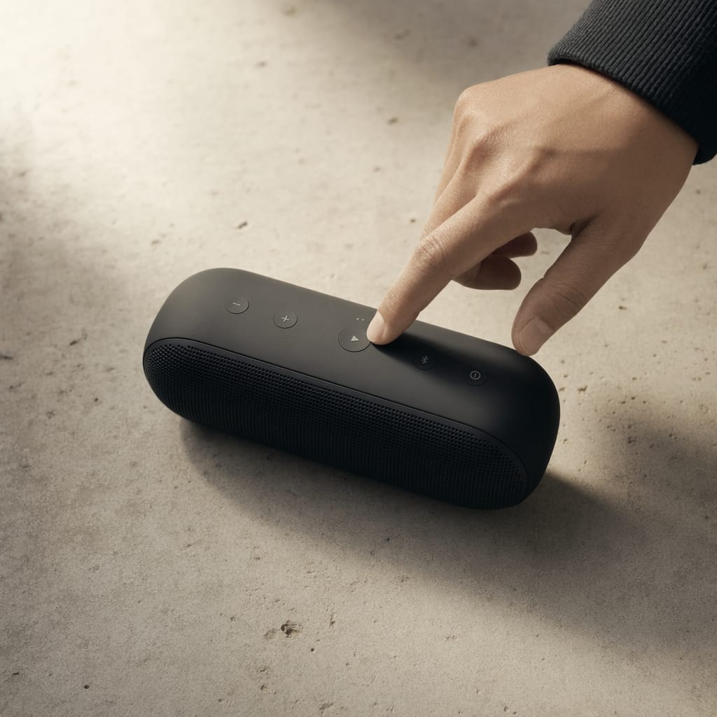 A clean tabletop frame of a matte-black speaker on warm concrete, hand entering to press play.
