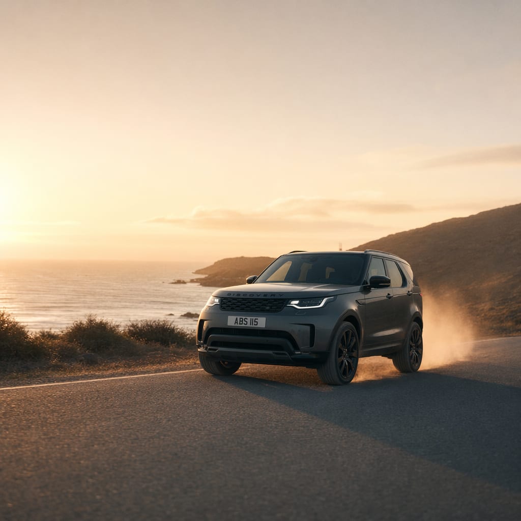 A low golden-hour still of a charcoal SUV on a coastal road, dust trailing behind the rear wheel.