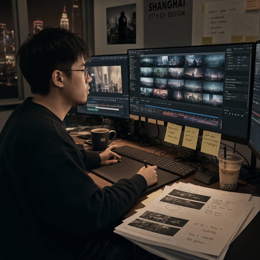 A colourist at a multi-monitor workstation reviewing a grid of AI-generated video frames in a darkened suite.