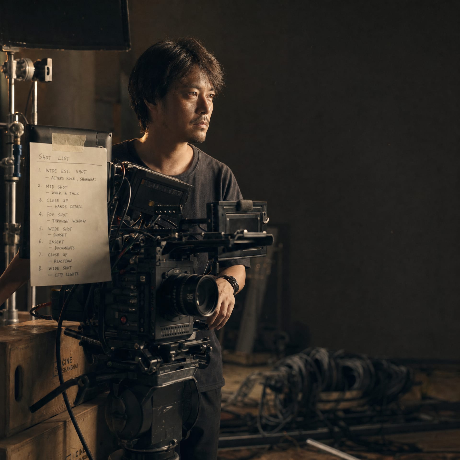 A director of photography behind a cinema camera on a darkened studio set.