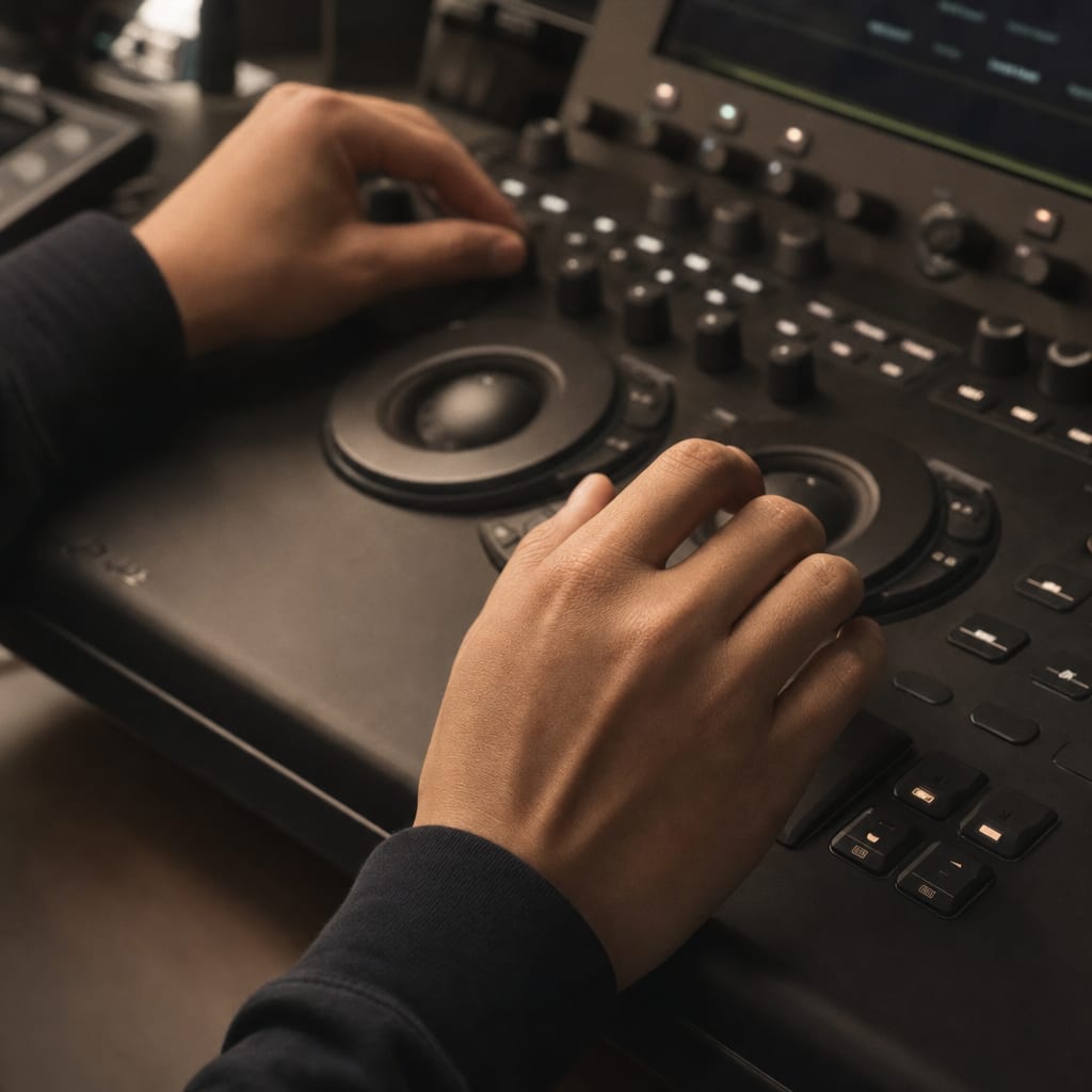 A close-up of an editor's hands adjusting a colour-grading panel on a console.