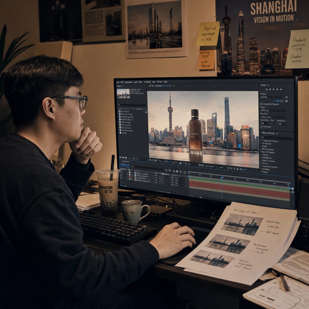 A producer compositing a filmed product hero onto a generated city skyline on a wide reference monitor.