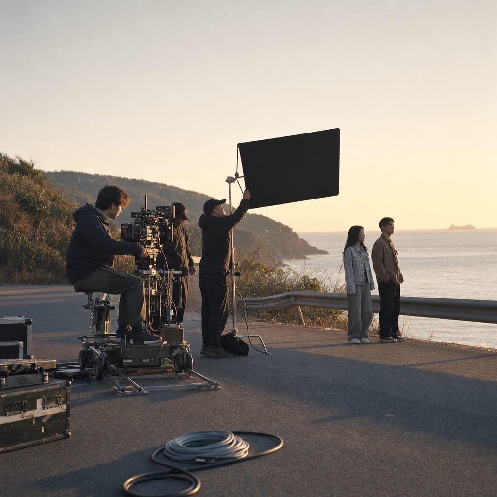 A film crew on a coastal road at first light: camera on a dolly, gaffer setting a negative fill, talent waiting.