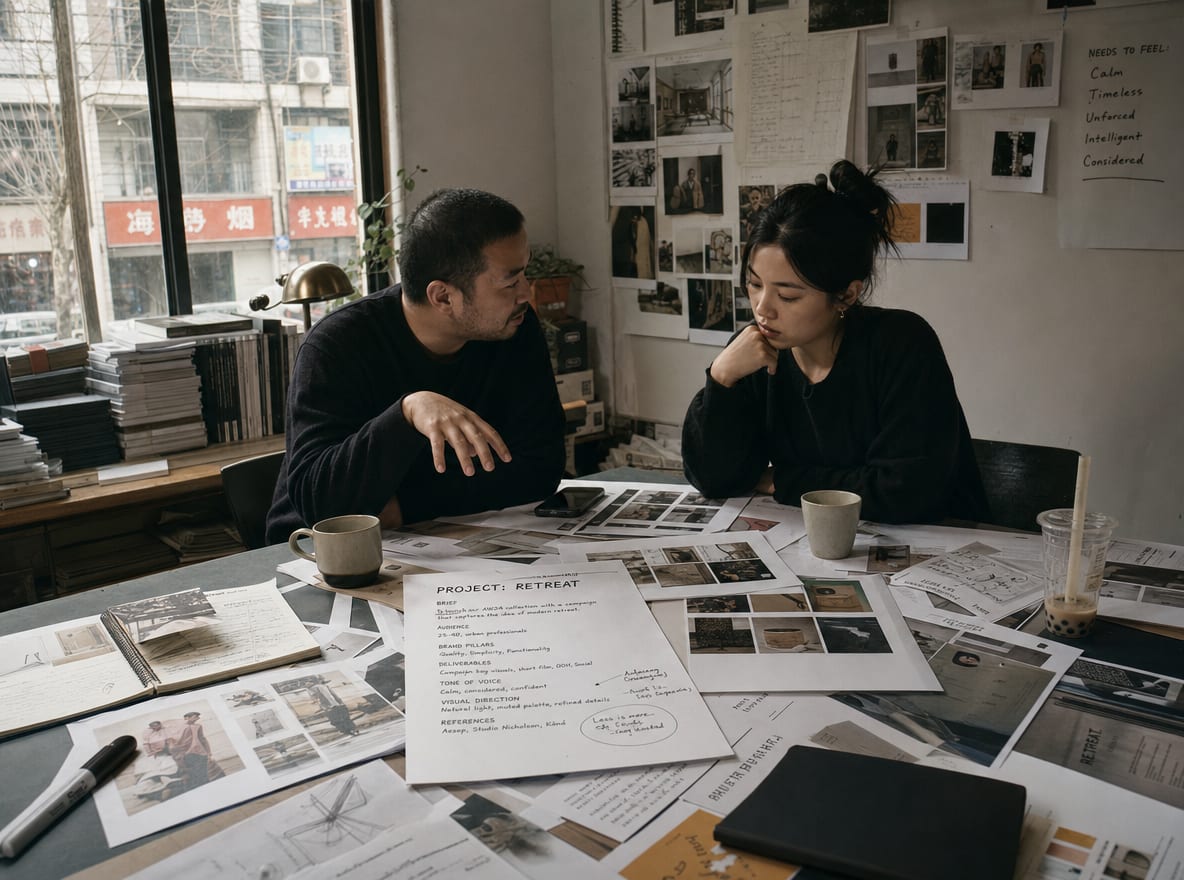 A creative director and a brand lead at a studio table covered in reference tear-sheets and a one-page brief.