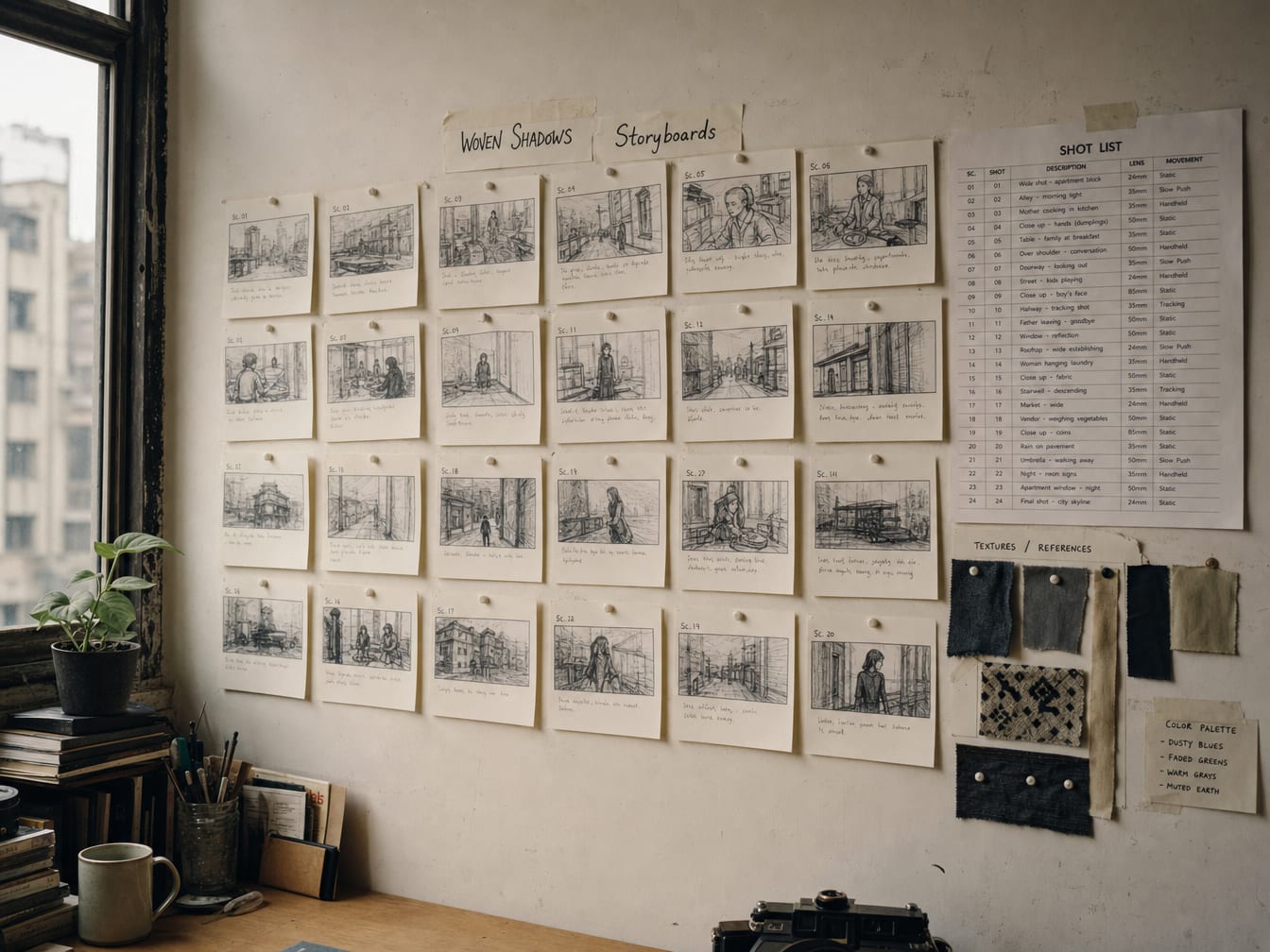 A storyboard wall with frame-by-frame sketches, fabric swatches and a printed shot list pinned in sequence.