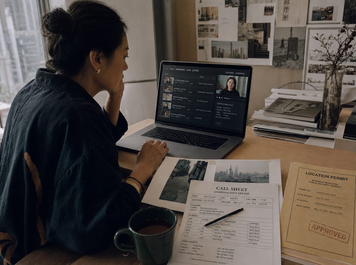 A producer reviewing casting tapes on a laptop beside a callsheet, taped location stills and a permit folder.