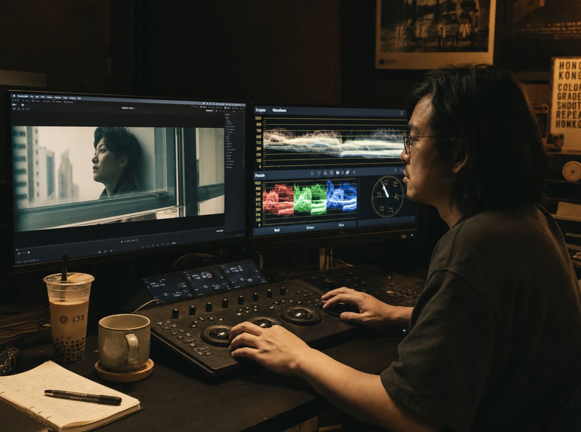 A colourist at a calibrated grading suite with a film frame on the main reference monitor and waveform scopes.