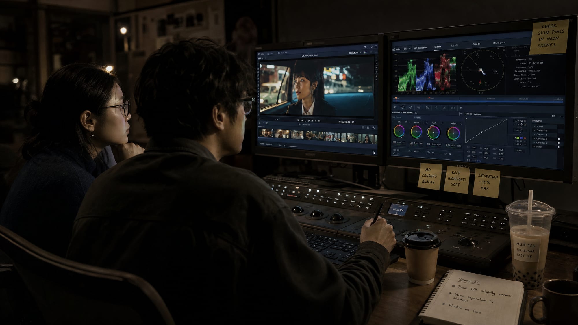 A wide editorial shot of a director and a colourist reviewing dailies on twin reference monitors in a darkened post suite.