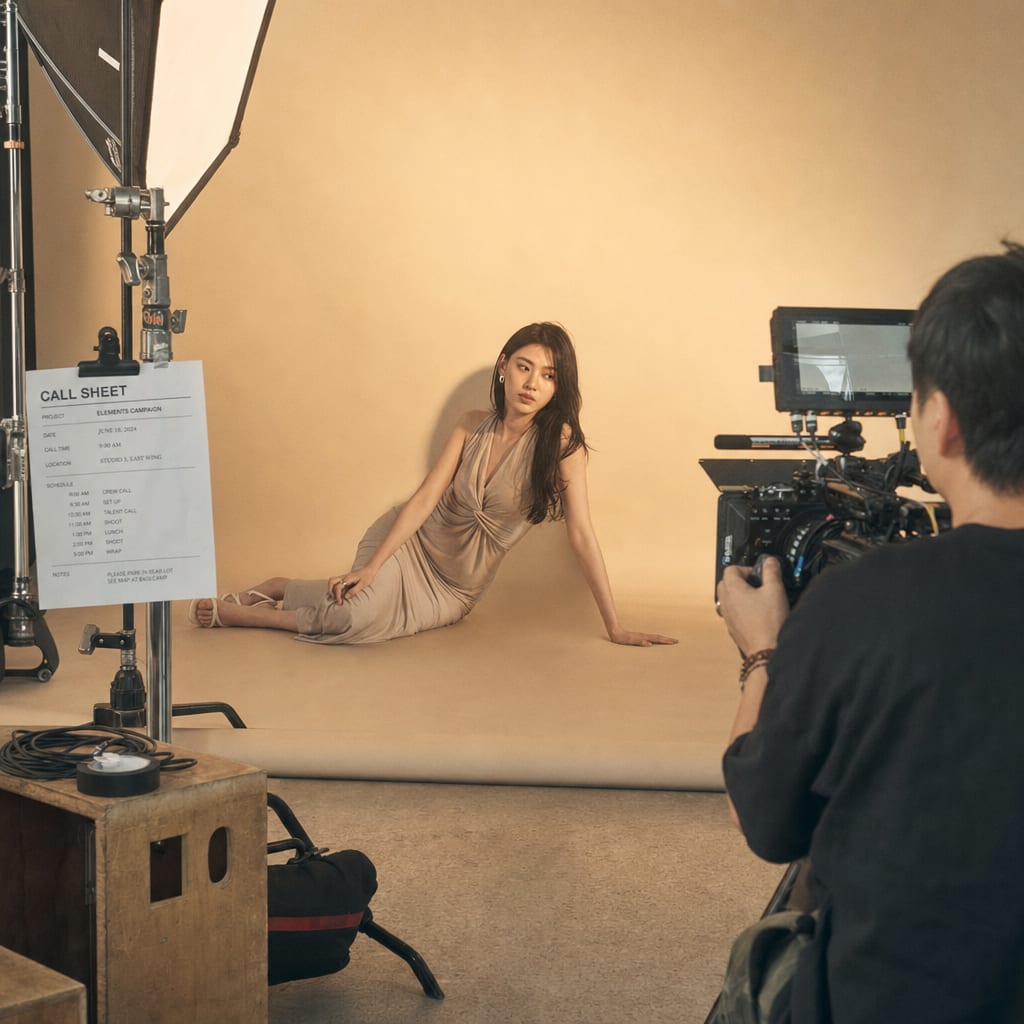 A controlled beauty set: model on a sand backdrop under one large softbox, DOP framing on a cinema camera.