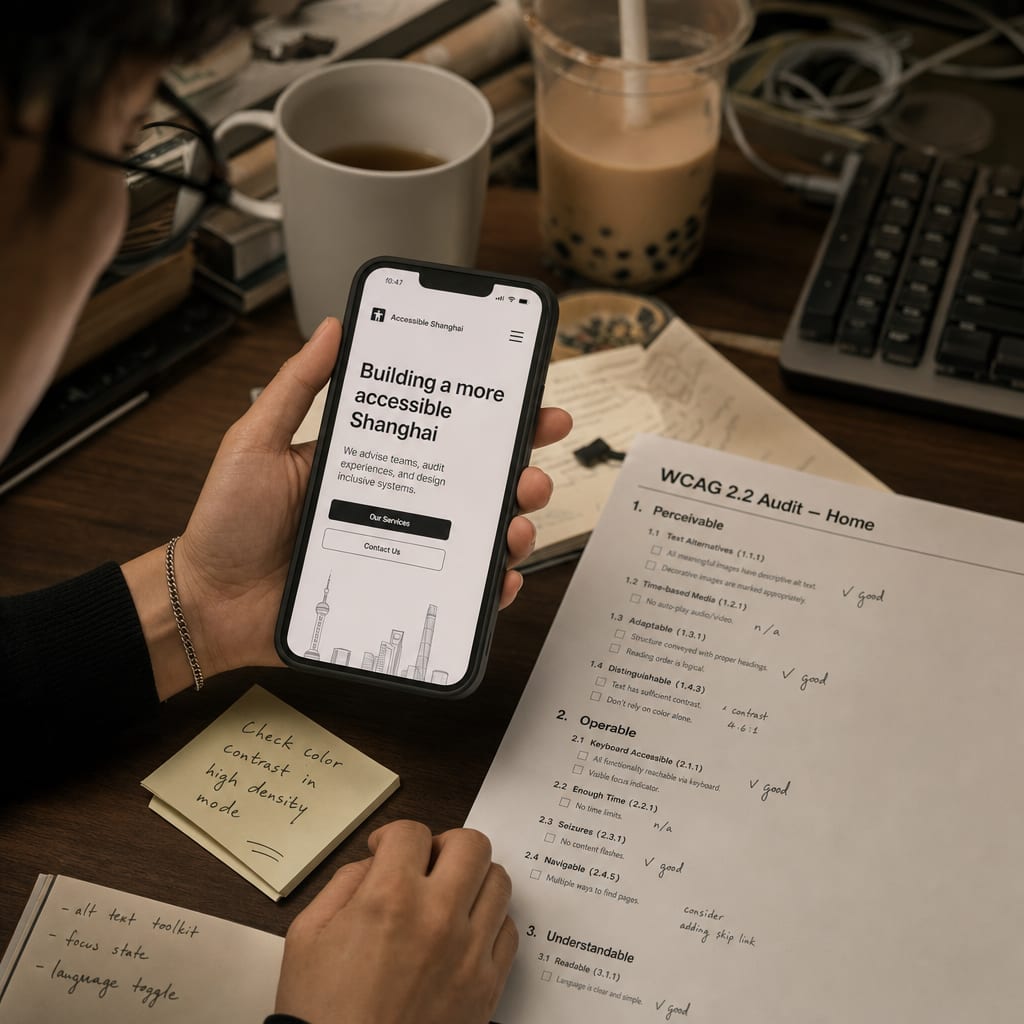 A hand holding a smartphone showing an accessible minimalist website beside a printed page of WCAG annotations.