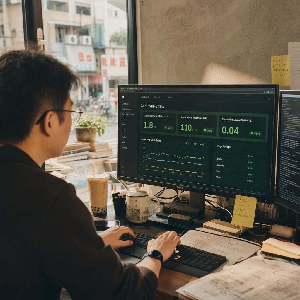 A designer at a sunlit desk, a 27-inch monitor showing a green Core Web Vitals dashboard for LCP, INP and CLS.