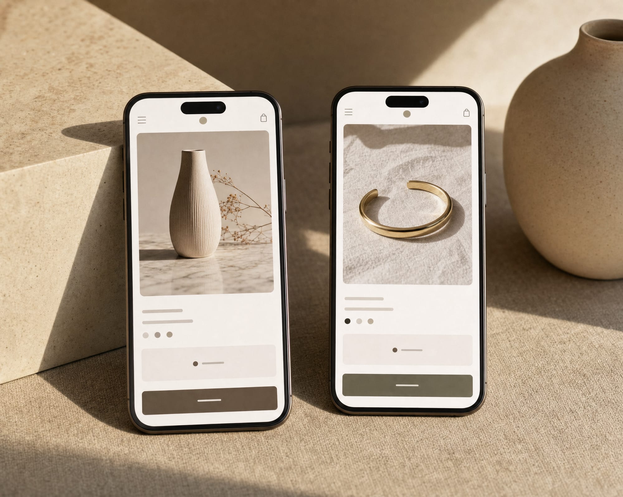 Two smartphones on a sand-colored linen surface, each showing the same minimalist commerce product page.
