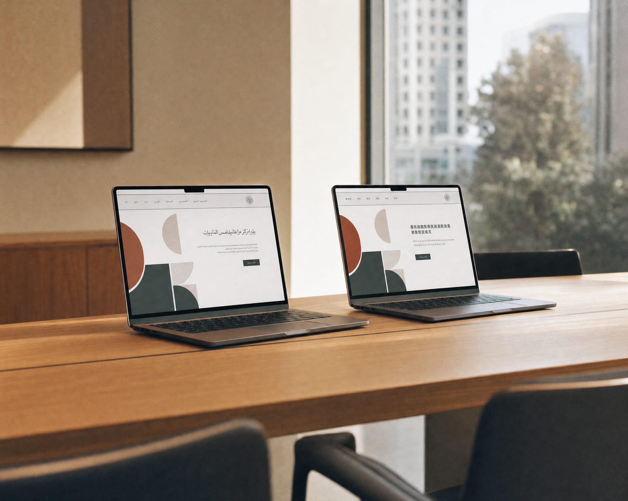 Two laptops on a bright oak desk showing the same campaign hub homepage in two different language scripts.