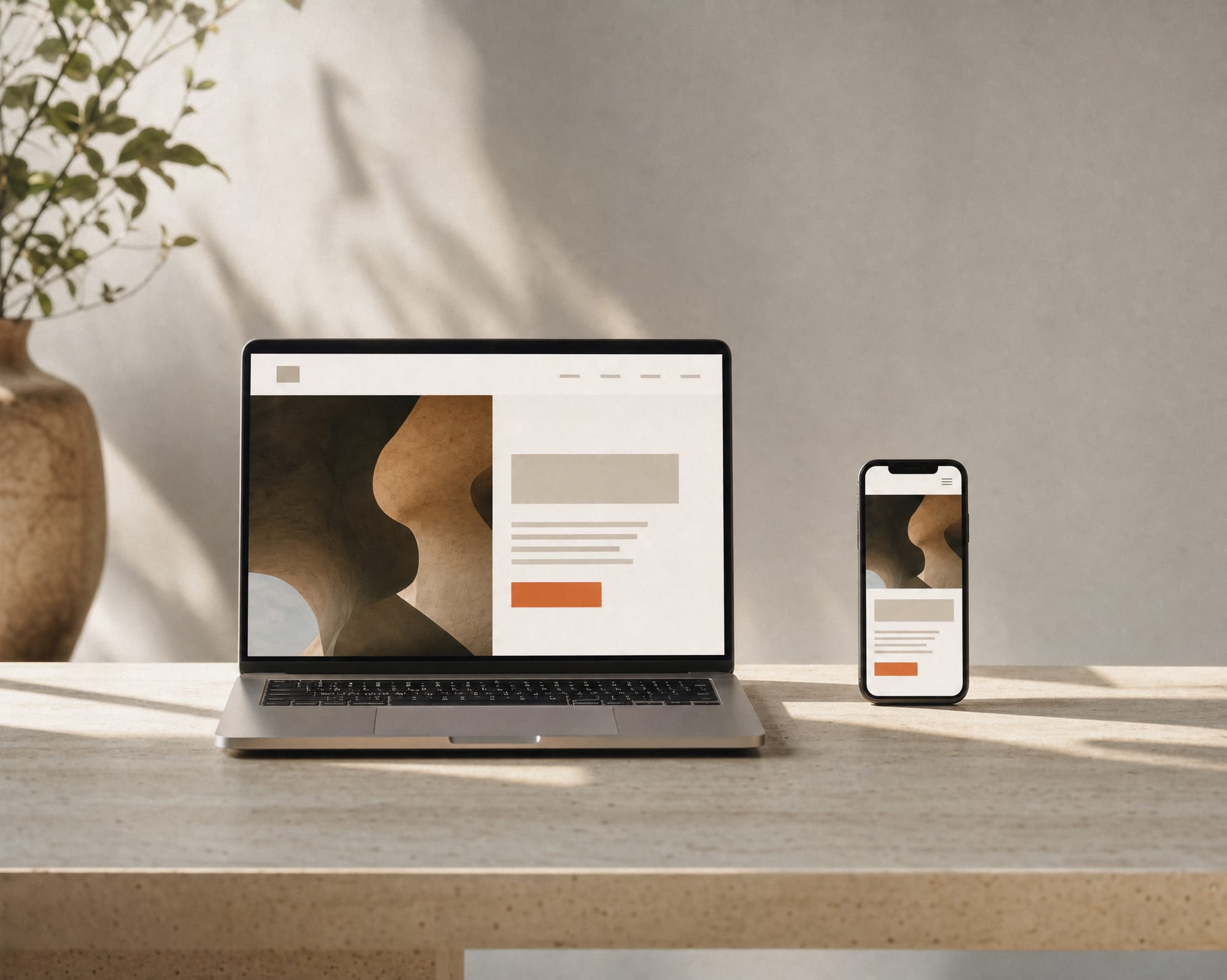 A laptop and a smartphone side by side, each showing an abstract marketing homepage layout that reflows for mobile.
