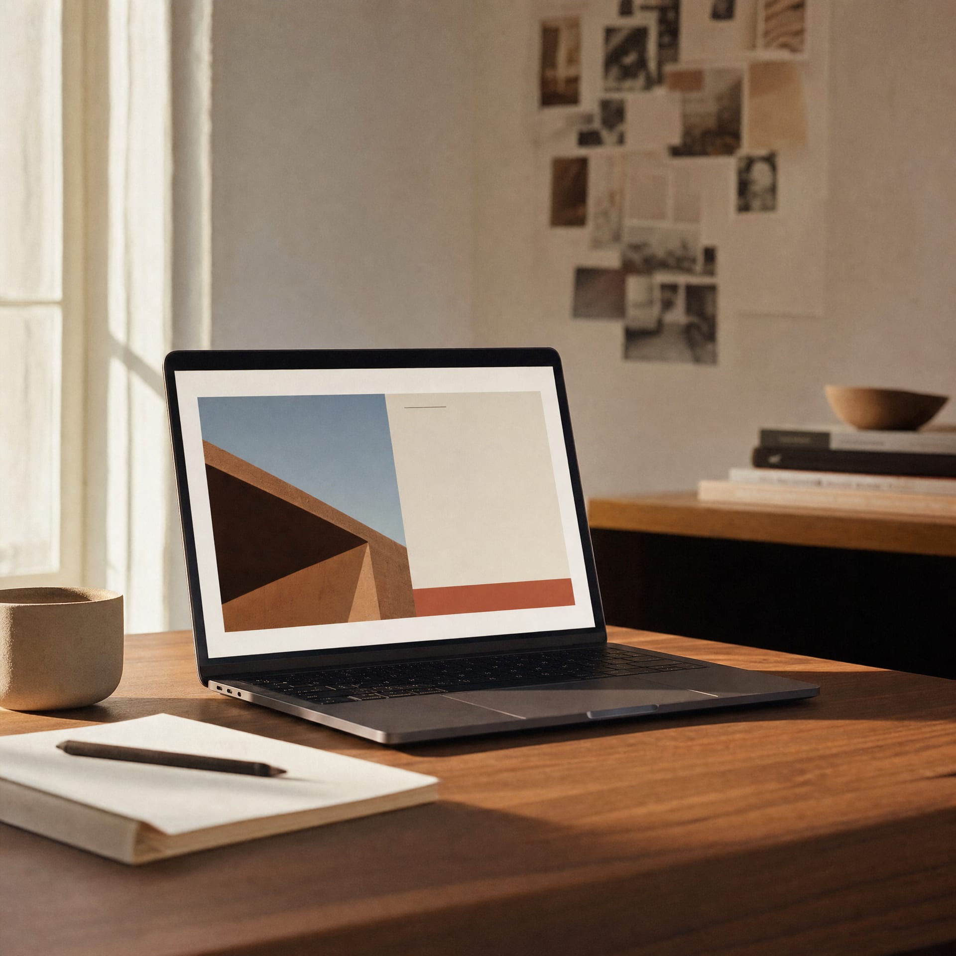 A 16-inch laptop on a warm walnut desk in a sunlit studio.