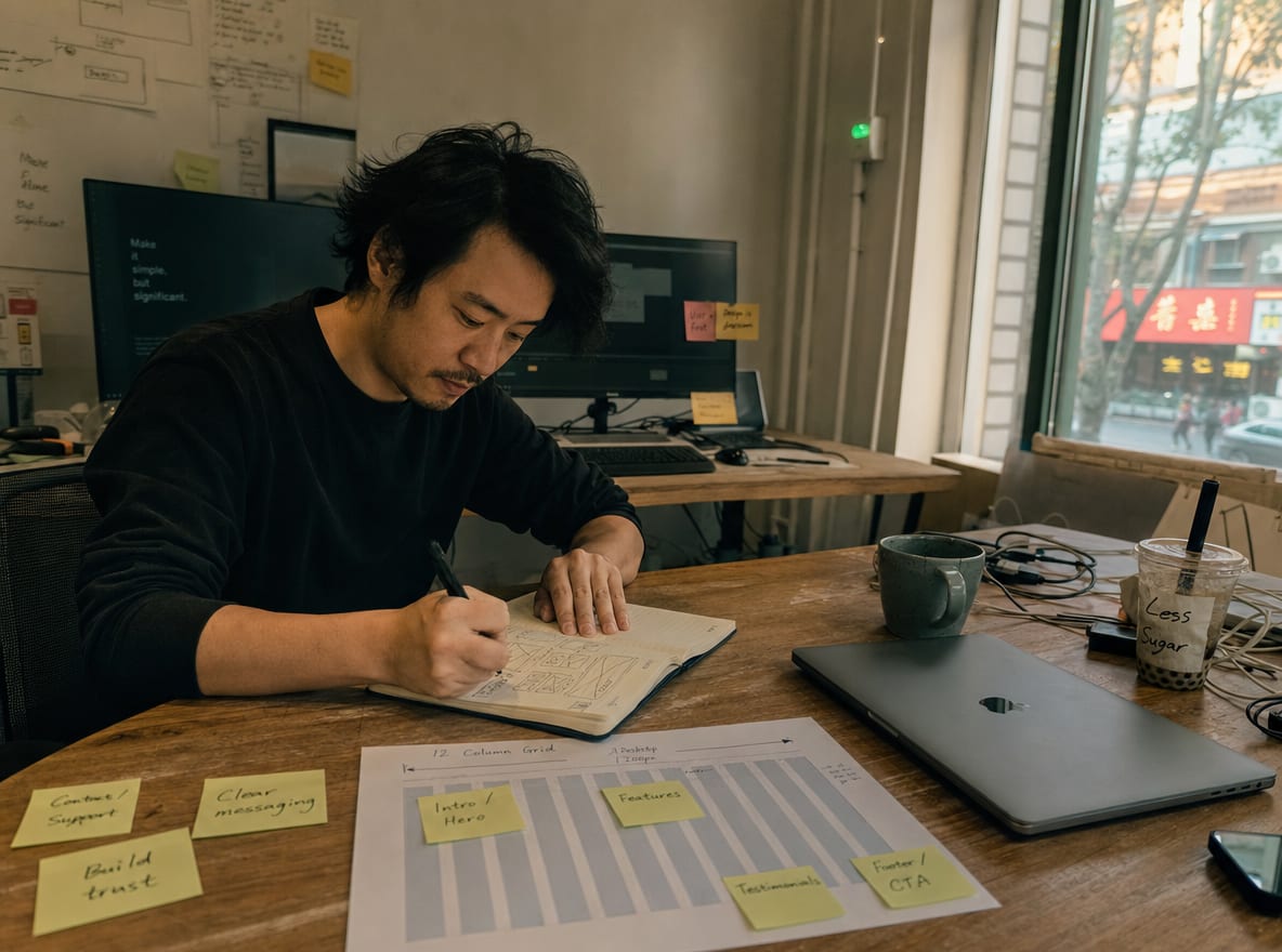 A designer's worktable with a notebook of hand-drawn wireframes, sticky notes, a printed column grid and a closed laptop.