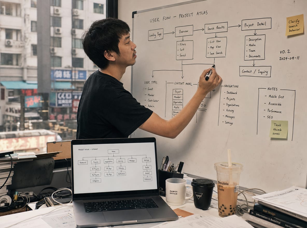 A studio whiteboard covered in user-flow diagrams beside a laptop showing an abstract sitemap, a hand drawing a connecting line.