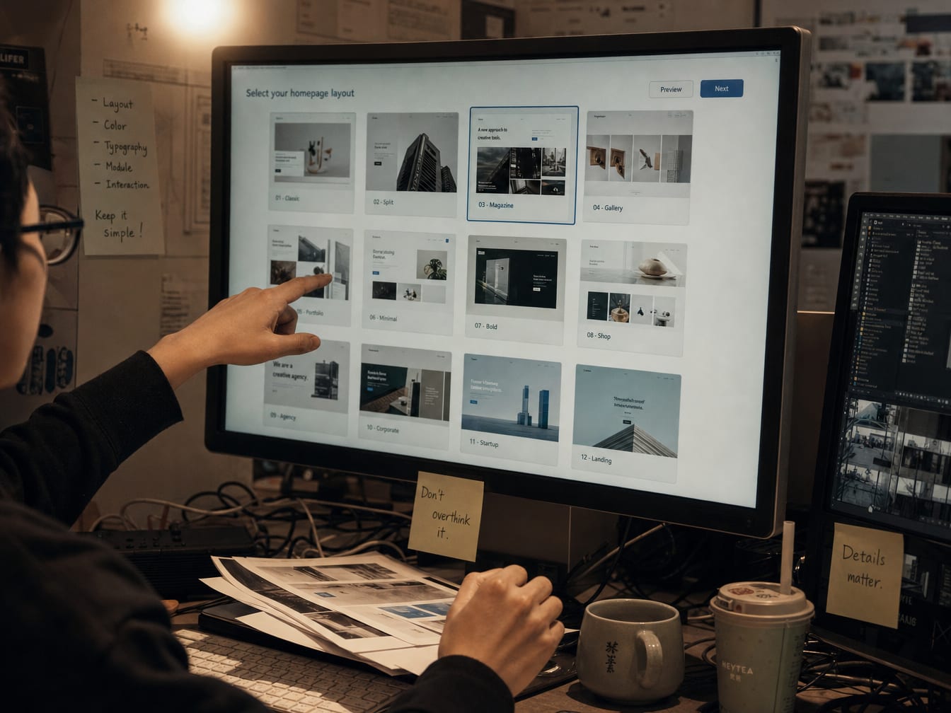 A wide monitor showing twelve homepage layout variants in a grid, a designer's hands gesturing toward one of them.