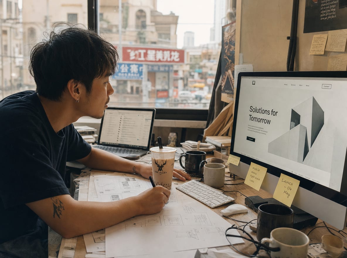 A designer at a sunny desk leaning over a large monitor showing an abstract minimalist homepage layout, sketching pen in hand.