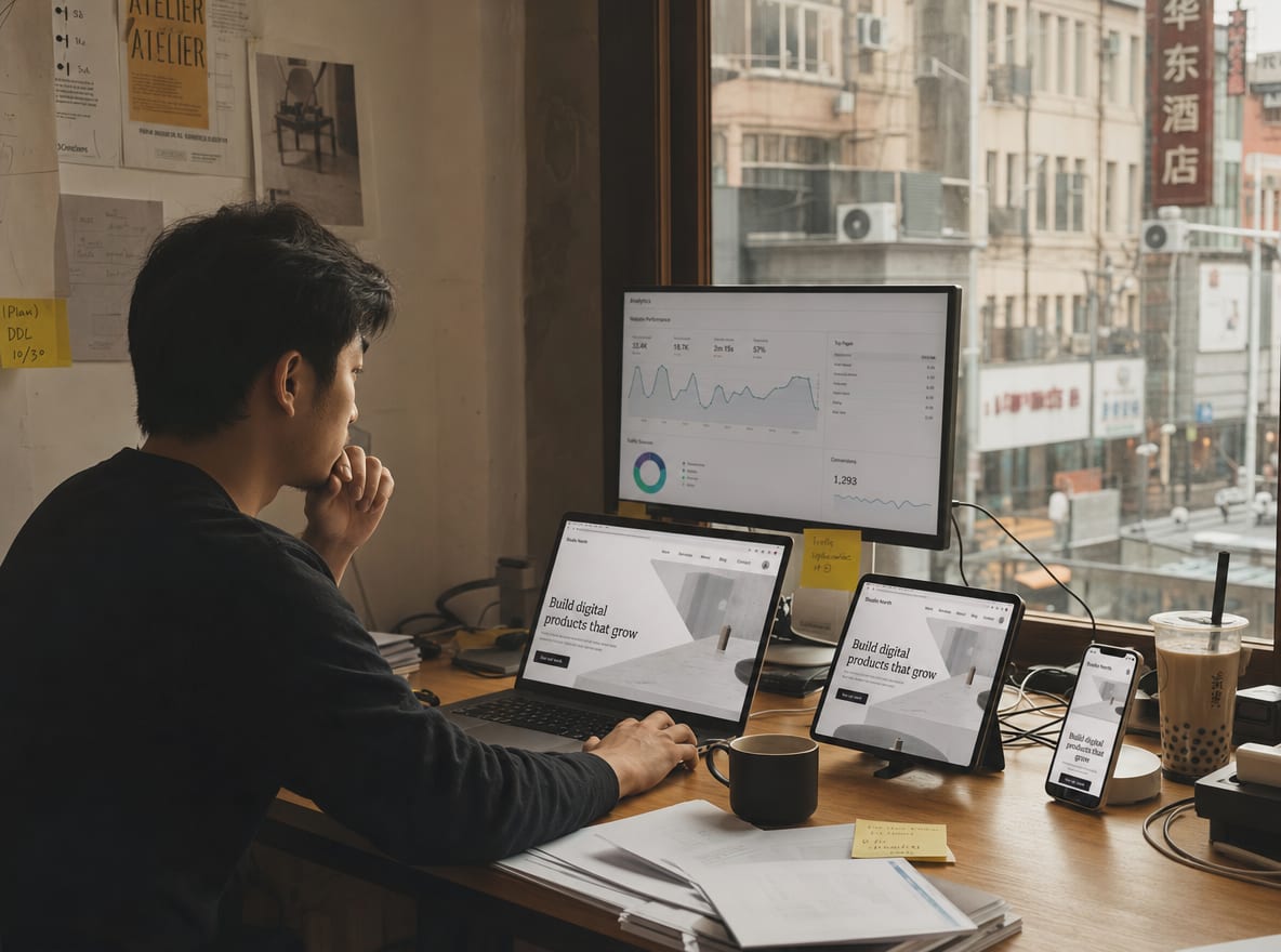 A laptop, tablet and smartphone on an oak desk showing the same homepage reflowed for each screen, with a soft analytics chart behind.
