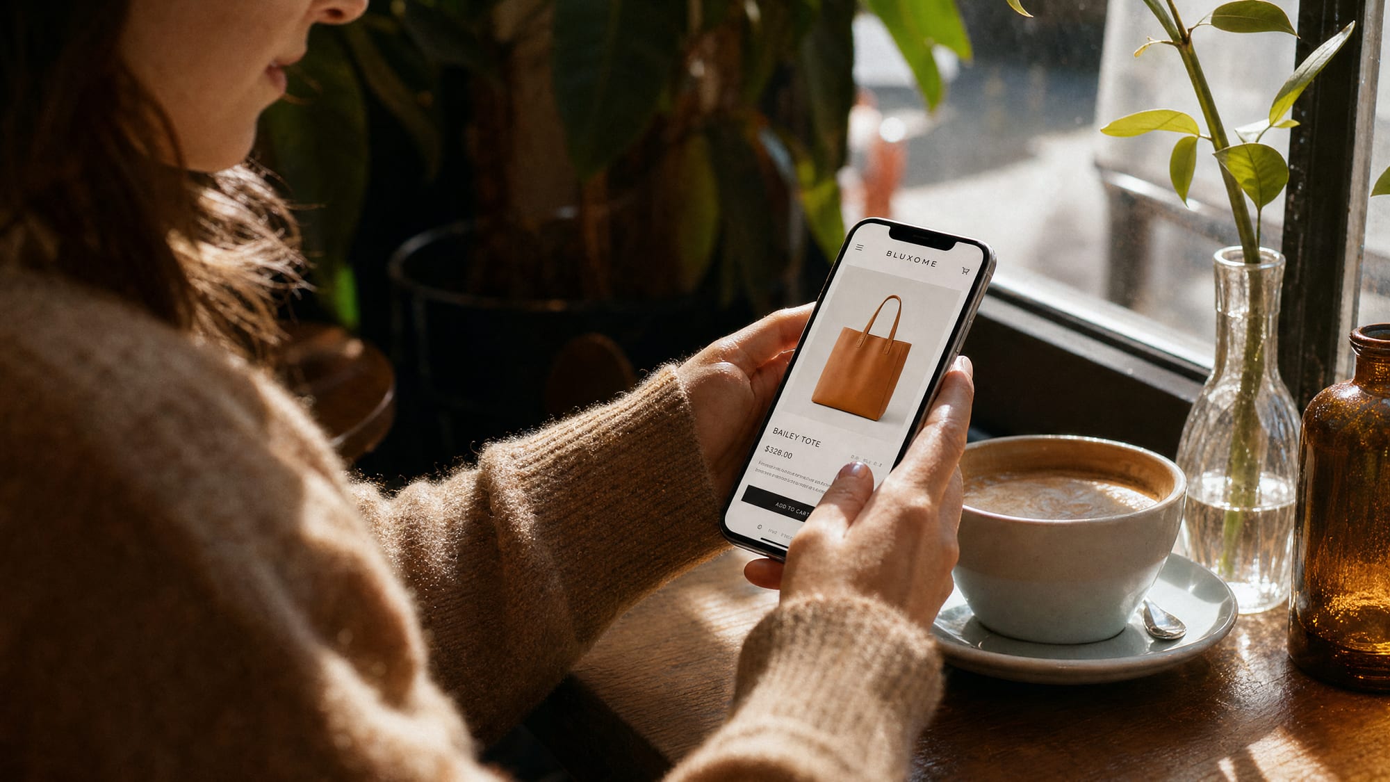 A young woman at a sunny cafe table holding a smartphone showing a clean minimalist product page, only her hands and lower face in soft focus.