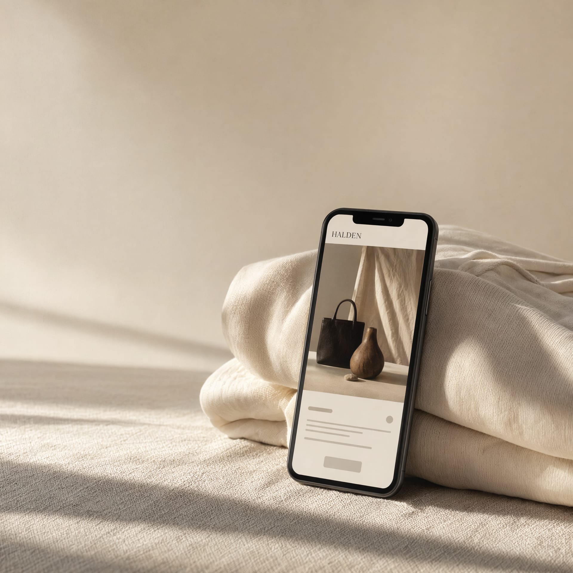 A smartphone propped against folded cotton, the screen showing a Halden fashion product page with an editorial hero image.