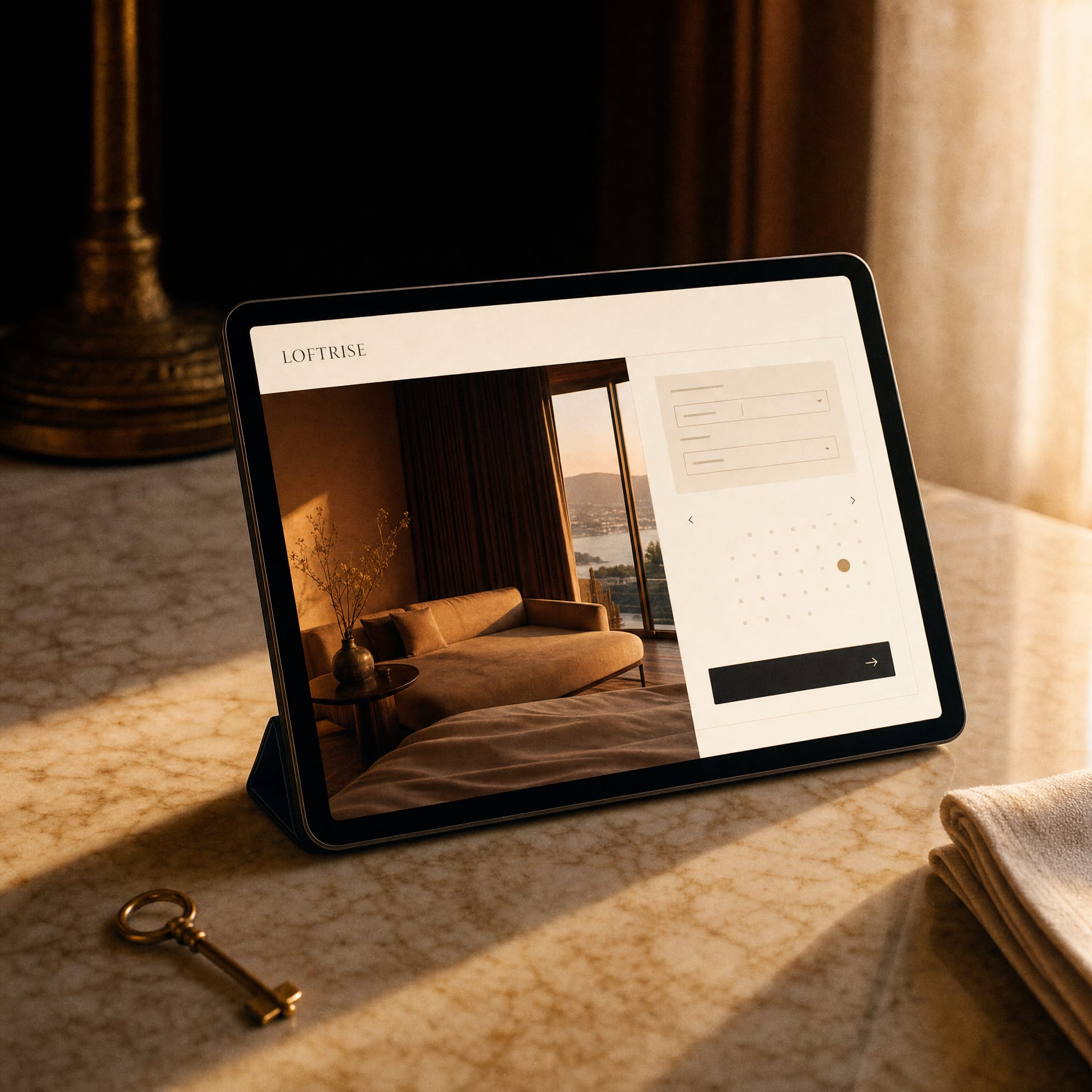 A tablet on warm marble showing a Loftrise hospitality booking flow with a soft interior hero image, calendar block and a clean button.