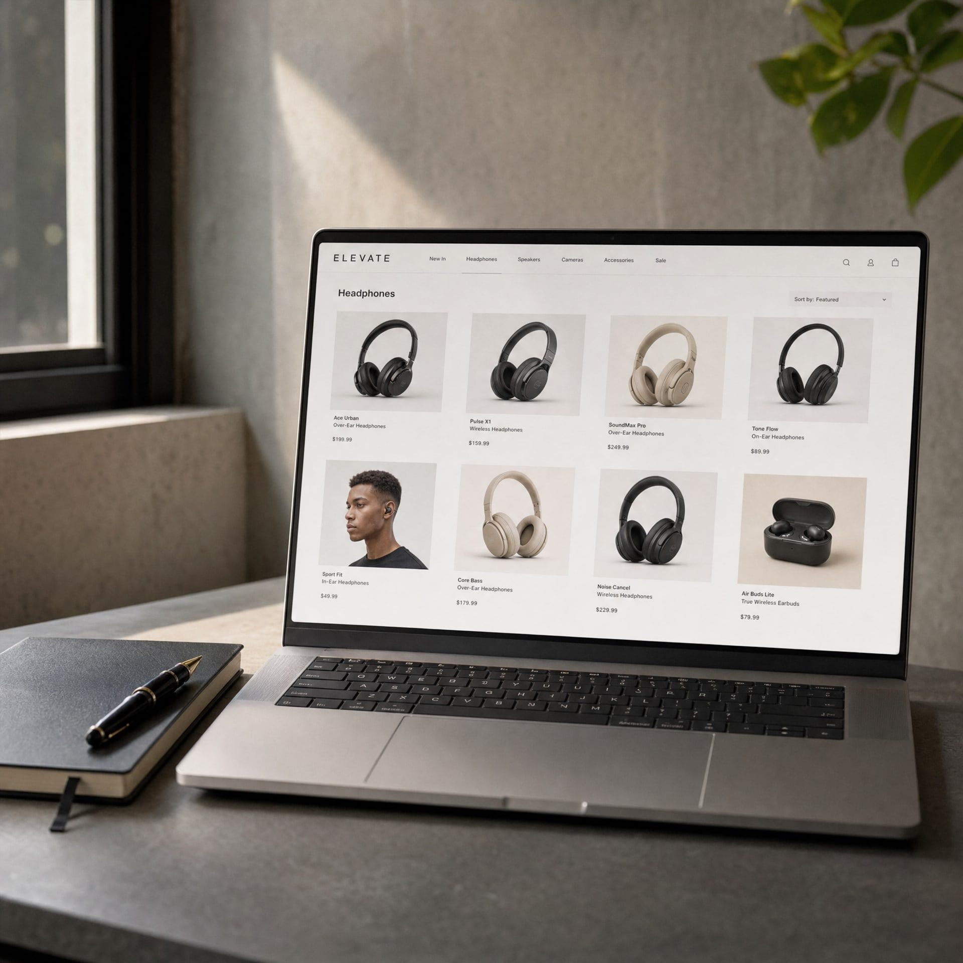 A laptop on a charcoal concrete desk showing a Stelar consumer-tech category page with a clean grid of product blocks.