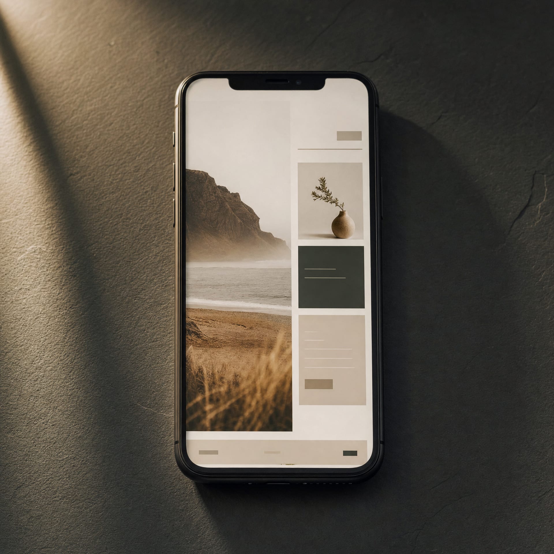 A smartphone on dark slate showing a Yara market-entry homepage with a vertical hero image area and content tiles.