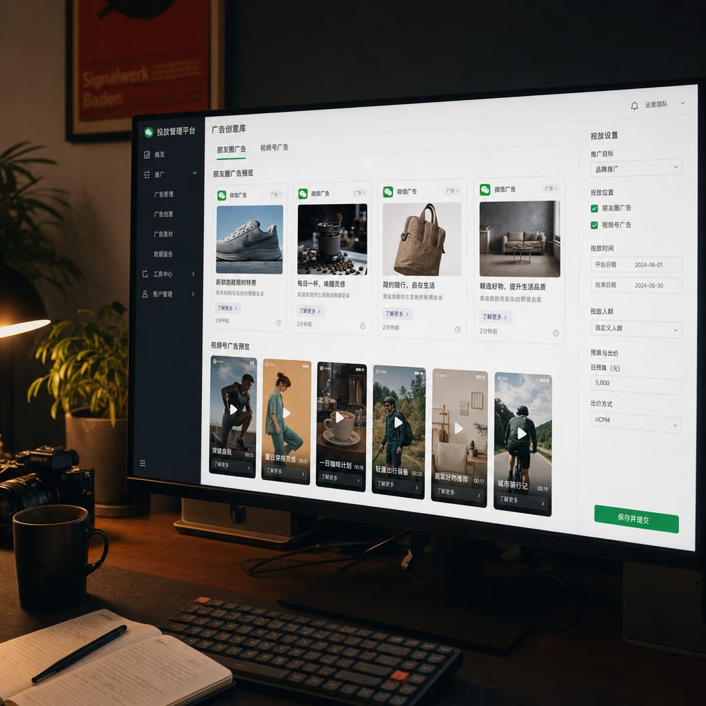 A wide monitor showing the Tencent Ads creative library, a grid of WeChat Moments and Channels ad variants lined up in the placement preview panel.
