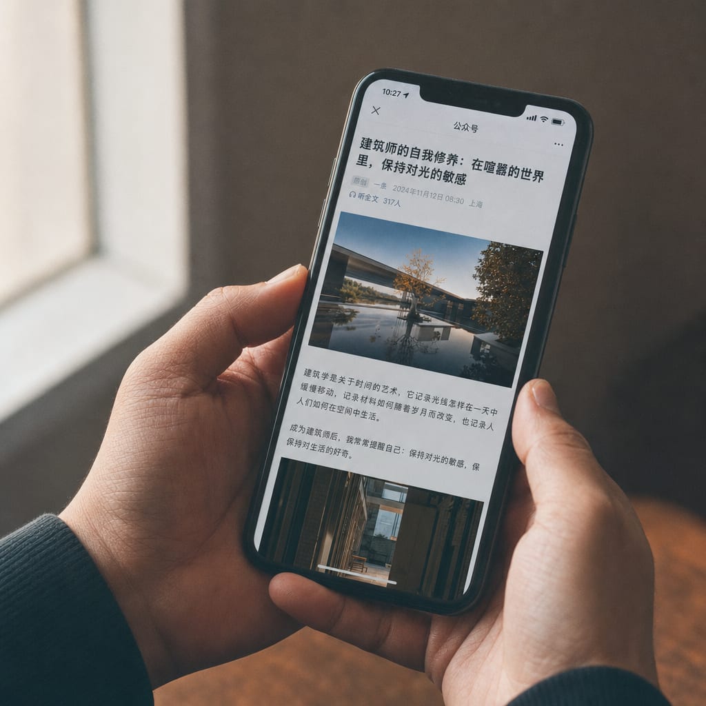 A phone held in both hands, the screen filled with an open WeChat Official Account article, the cover image and headline at the top and an in-article image stack below, the WeChat chrome visible across the top of the screen.