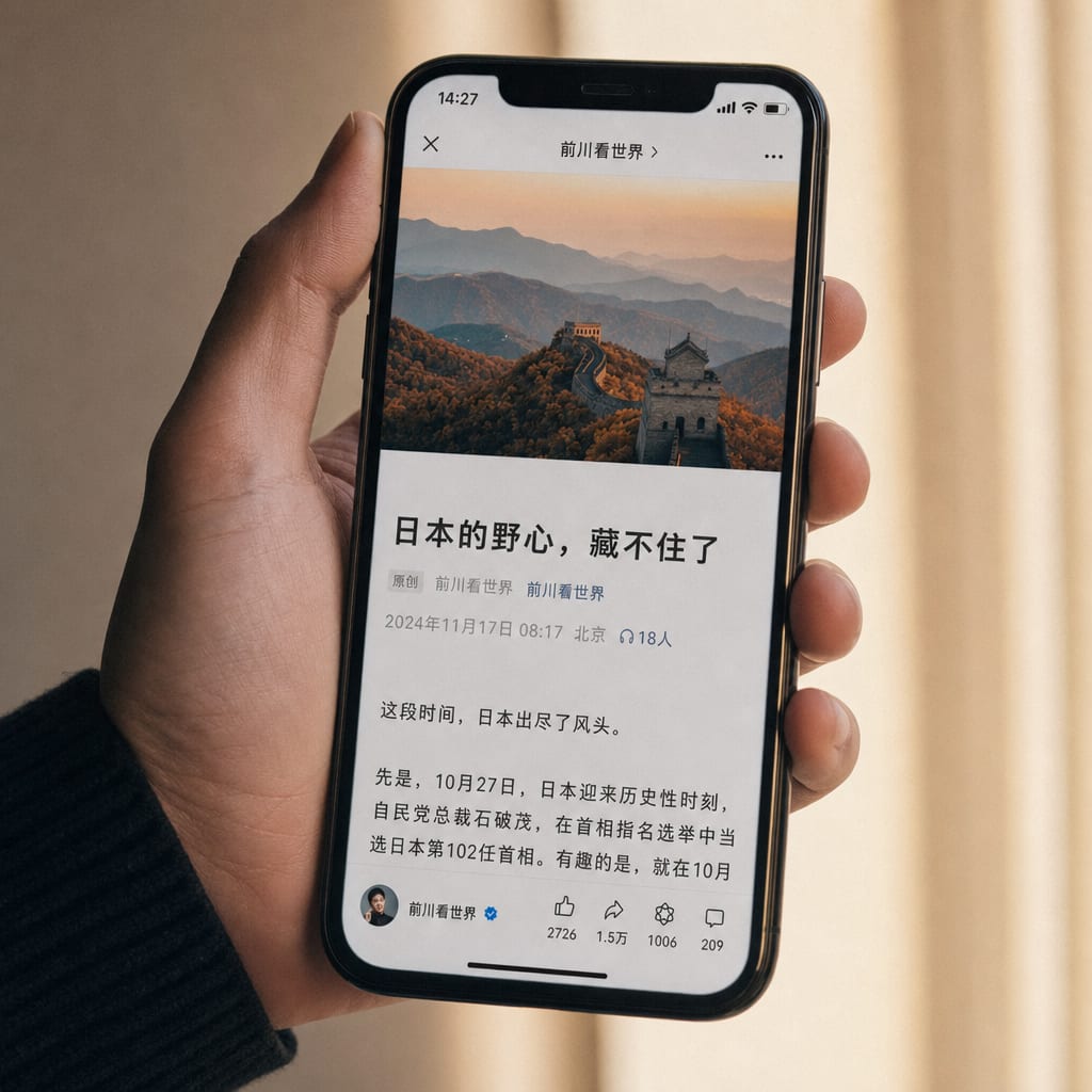 A close cinematic detail of a hand holding a phone vertically against a soft cream background, the screen filled with an open WeChat Official Account article showing the cover image and the article header.