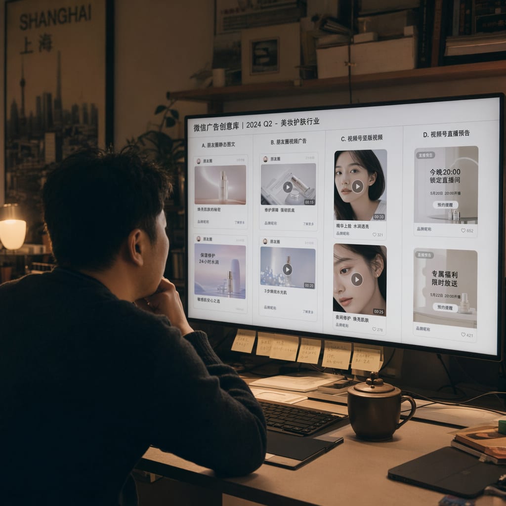 A producer at a wide reference monitor showing the Tencent Ads creative library, four columns of WeChat ad variants tagged Content, Ads, Channels and Storefront.