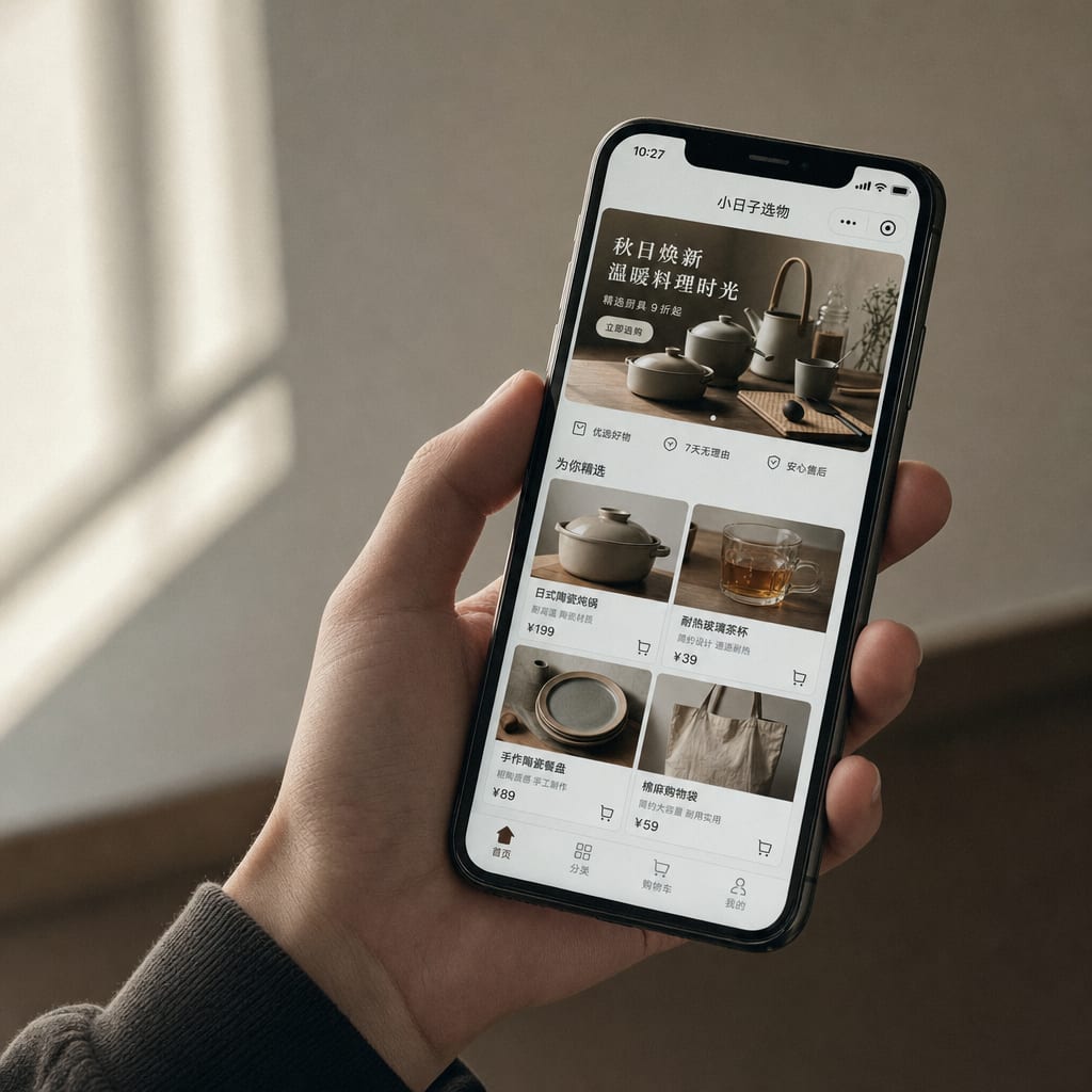 A phone screen showing a WeChat Mini Program storefront, a campaign banner above a grid of product cards, the rounded capsule menu in the top corner of the interface.