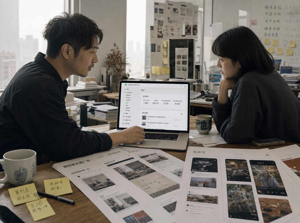 A creative director and a brand lead at a studio table, a laptop between them showing the WeChat Official Account dashboard alongside printed Moments and Channels screenshots.