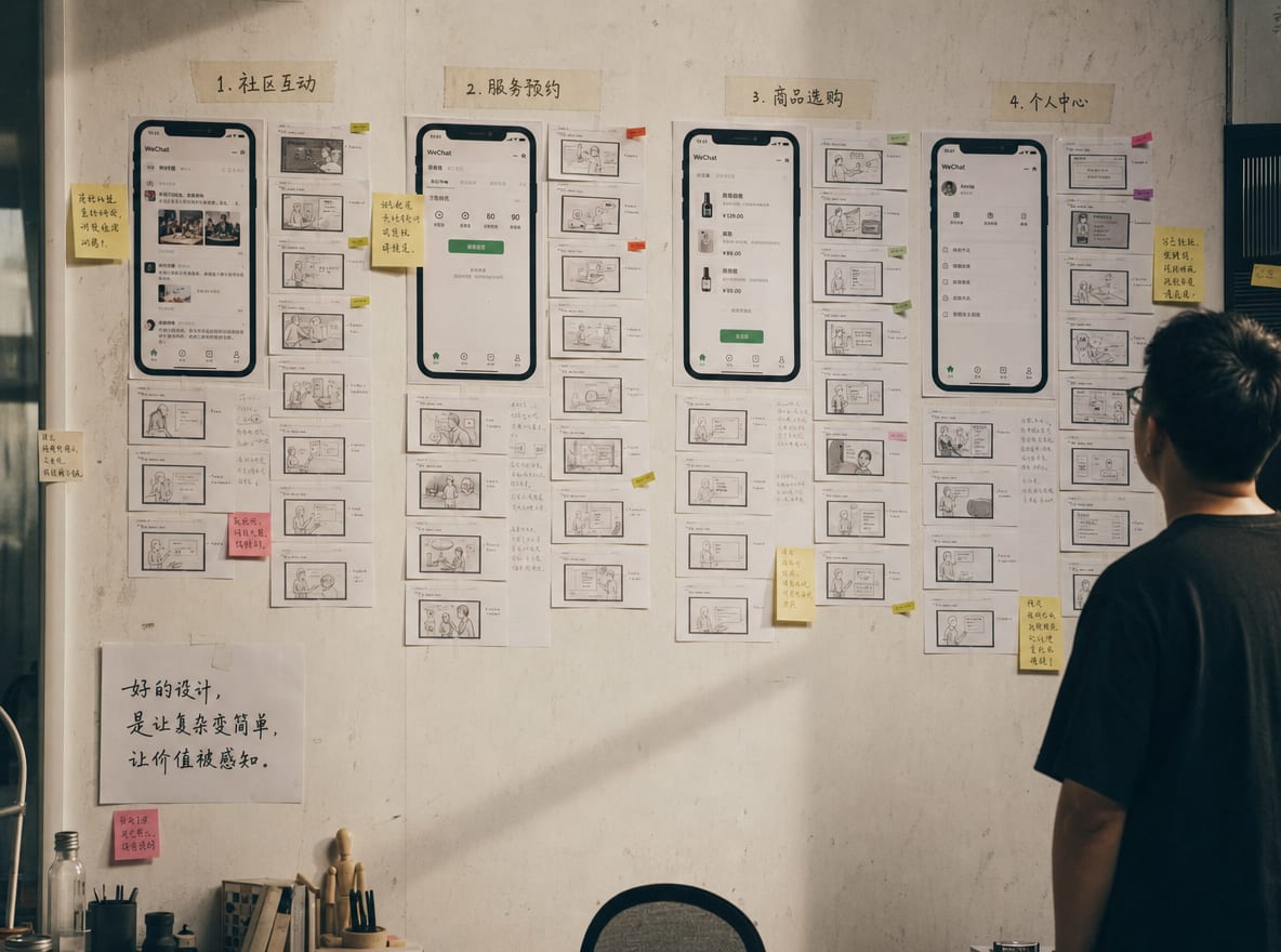 A storyboard wall with four columns of frame sketches labeled Content, Ads, Channels and Storefront, each column anchored by a printed WeChat phone mock.
