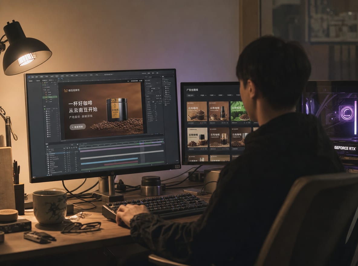 A motion designer at a calibrated workstation, the main monitor showing a single WeChat Channels hero frame, the side panel showing the Tencent Ads creative library grid of variants.