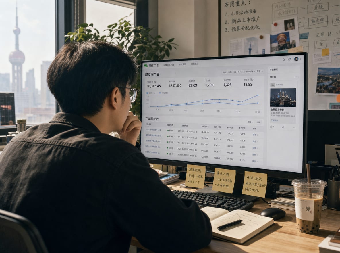 A media buyer at a daylit studio desk, the calibrated monitor showing the Tencent Ads campaign dashboard with WeChat Moments ad placements live.
