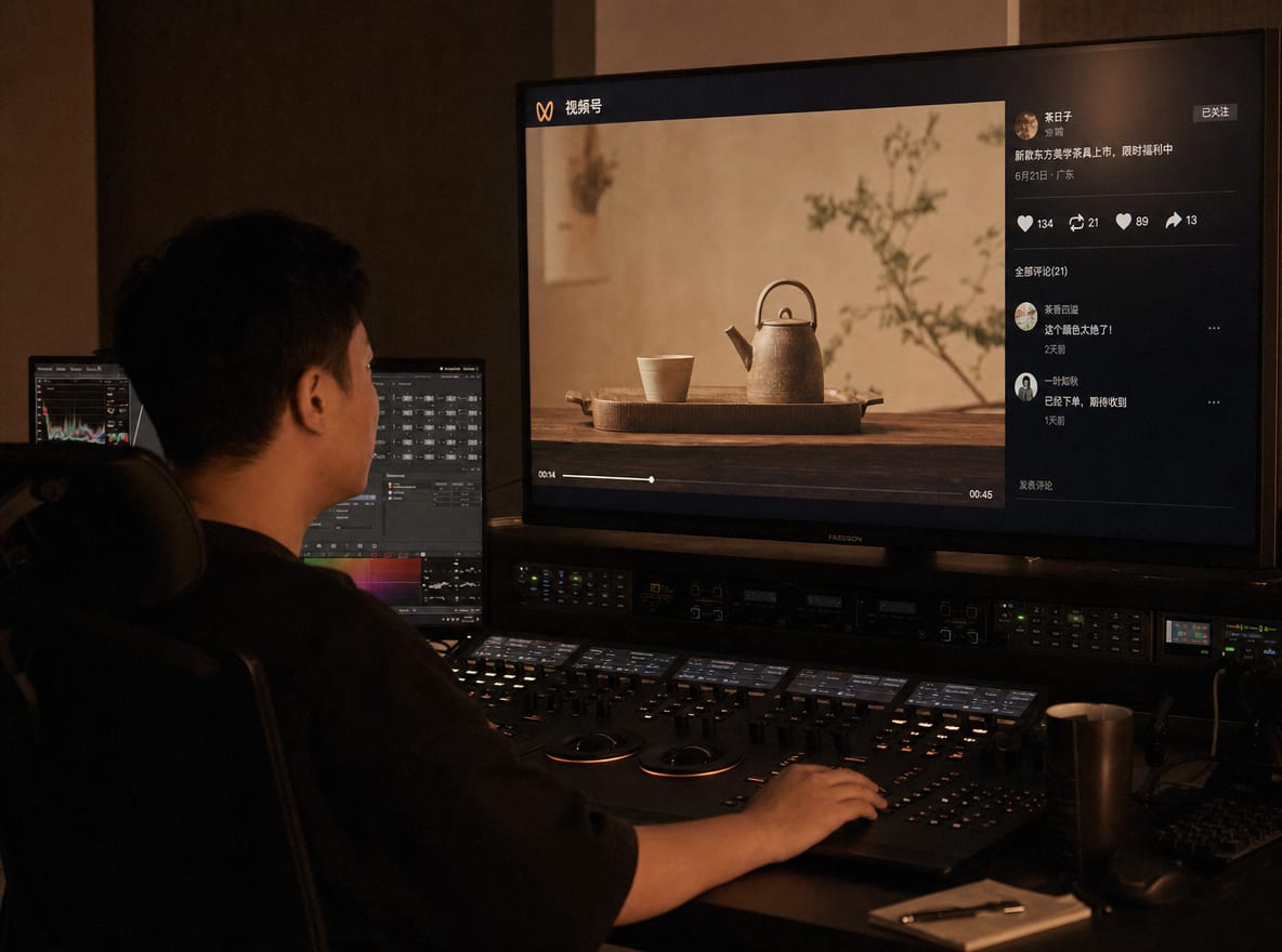 A colorist at a calibrated grading suite, the main reference monitor showing a warm WeChat Channels frame paused on a product still, the Channels interface elements visible at the screen edges.