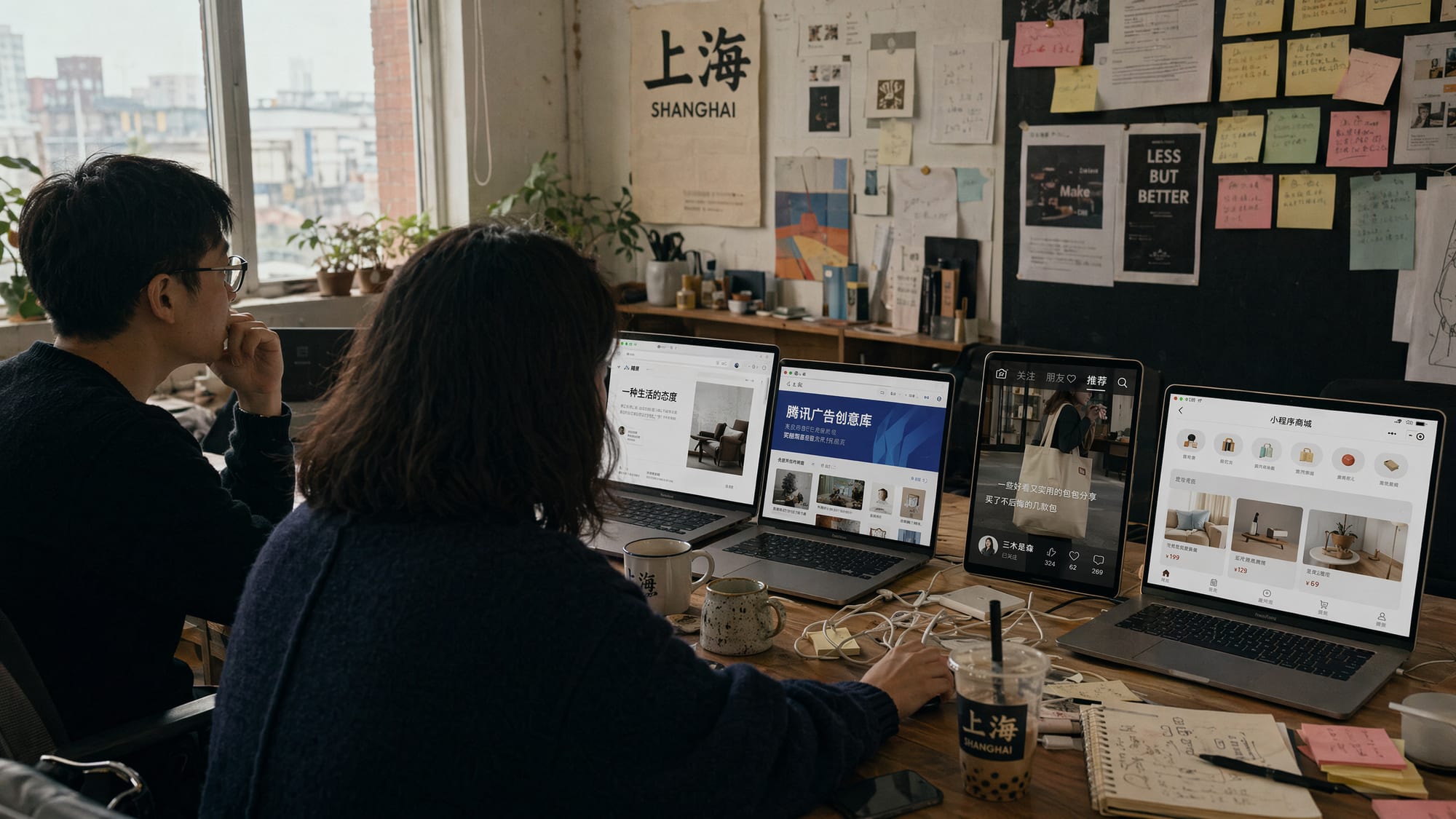A wide editorial shot of two designers at a daylit studio table, four laptop screens lined up showing a WeChat Official Account article, the Tencent Ads creative library, a WeChat Channels video feed and a Mini Program storefront, one per service lane.