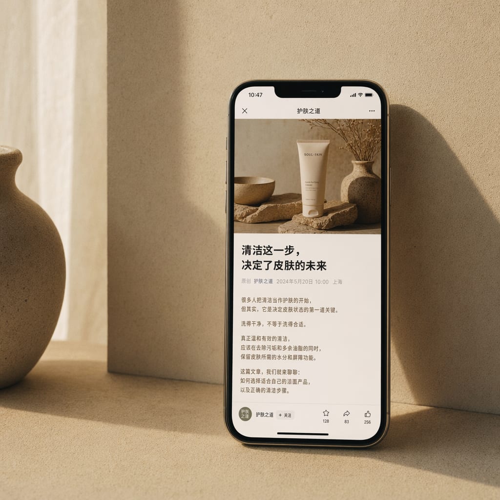 A vertical phone held in soft window light, the screen showing an open WeChat Official Account article with a wide cover image and the article headline stacked above warm editorial body text.