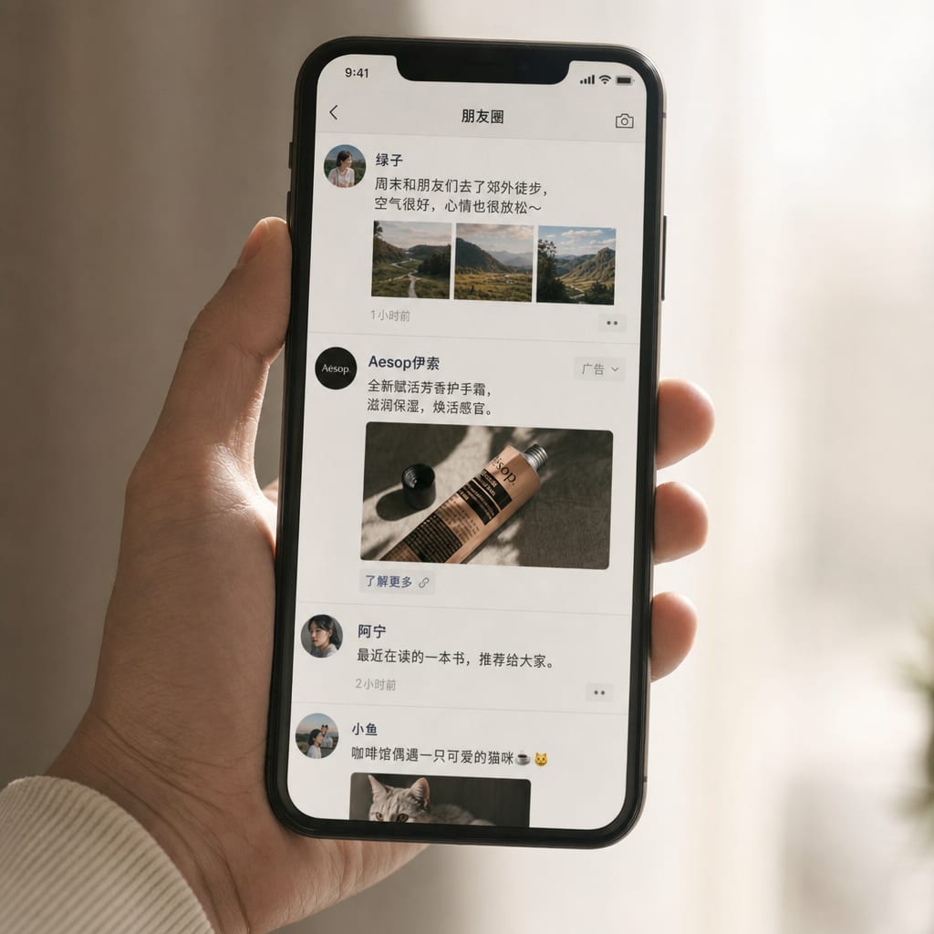 A phone screen showing the WeChat Moments feed, a sponsored brand card with image, advertiser name and a call-to-action button sitting between two personal posts.