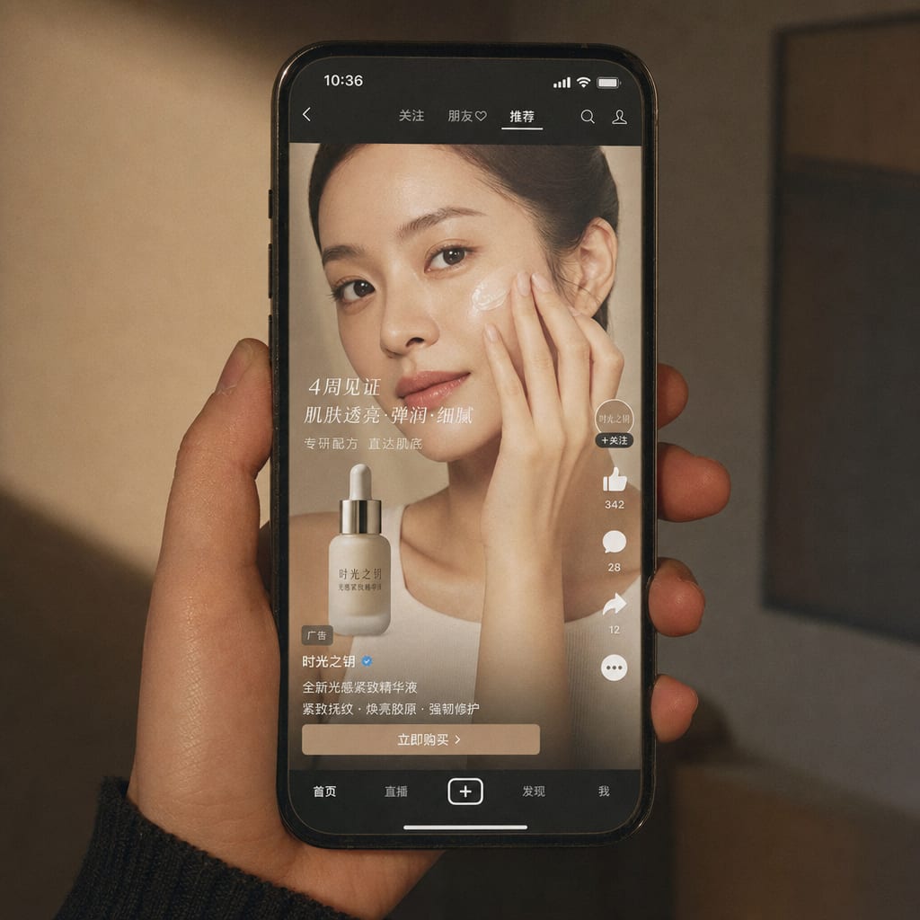 A phone screen showing a WeChat Channels video, a sponsored in-feed ad frame of a skincare product with the advertiser label and an action button along the lower interface.
