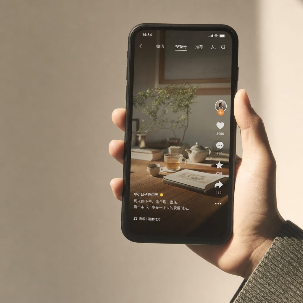 A phone held vertically, the screen showing a WeChat Channels video paused mid-frame, the like, comment and share rail running up the right edge of the interface.