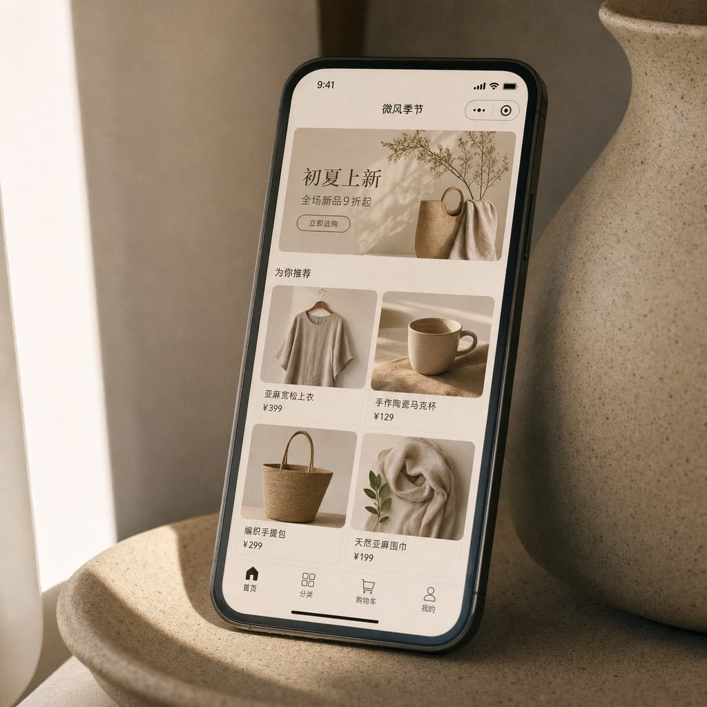 A phone screen showing a WeChat Mini Program storefront, a campaign banner above a grid of product cards, the rounded capsule menu visible in the top corner of the interface.