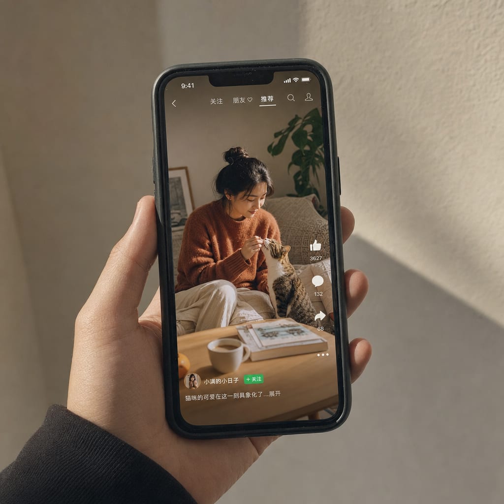 A phone screen showing a WeChat Channels video paused mid-frame, the vertical video interface with the like, comment and share rail running up the right edge.