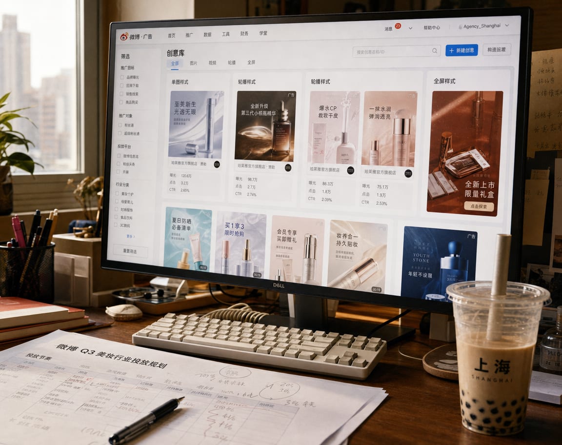 A wide monitor showing the Weibo advertising creative library, a grid of Fan Tong in-feed and open-screen splash ad variants lined up in the placement preview panel.