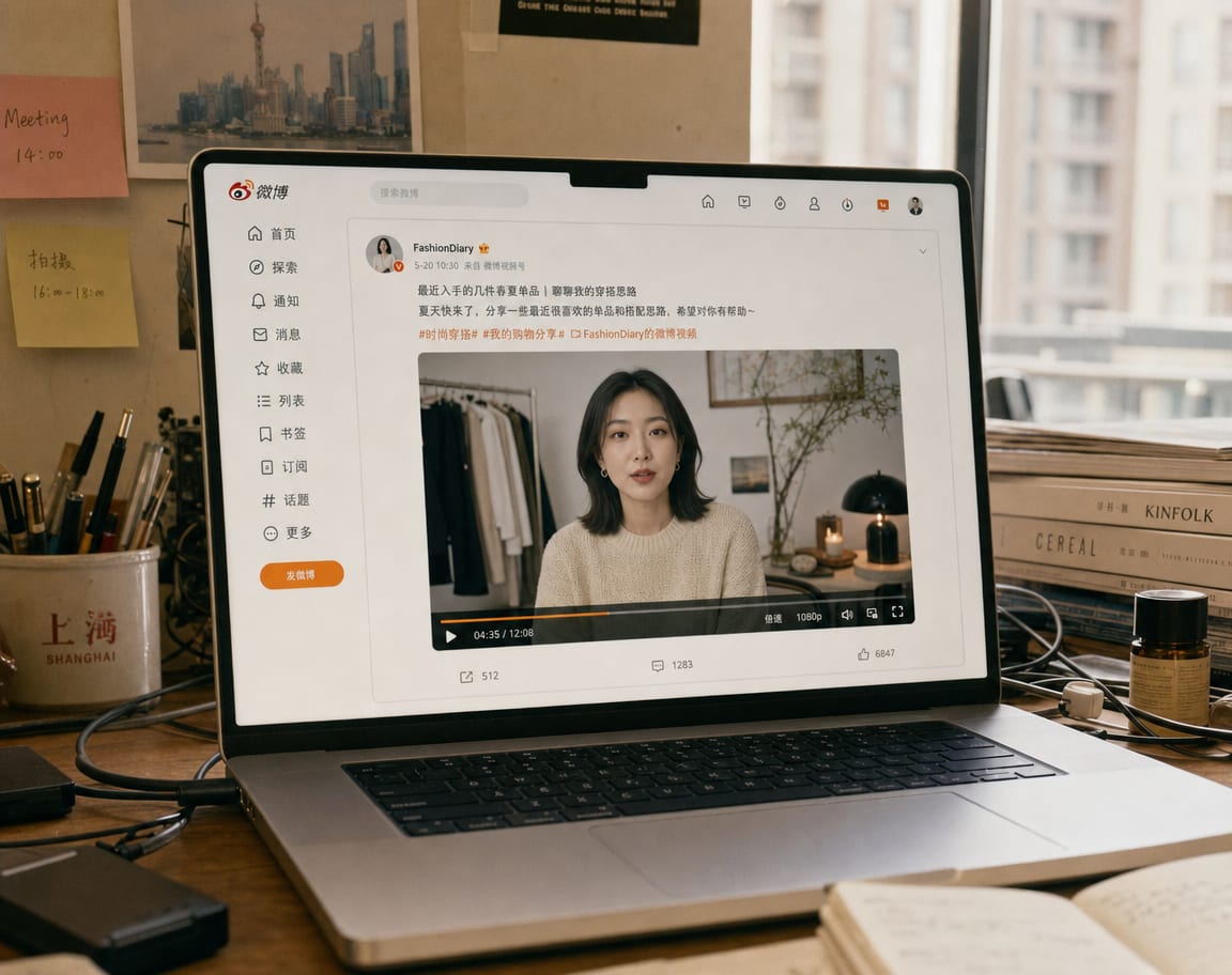 A phone screen showing a Weibo video post, an AI avatar presenter speaking to camera inside the post card, a video scrubber bar across the clip and a repost, comment and like row beneath it.