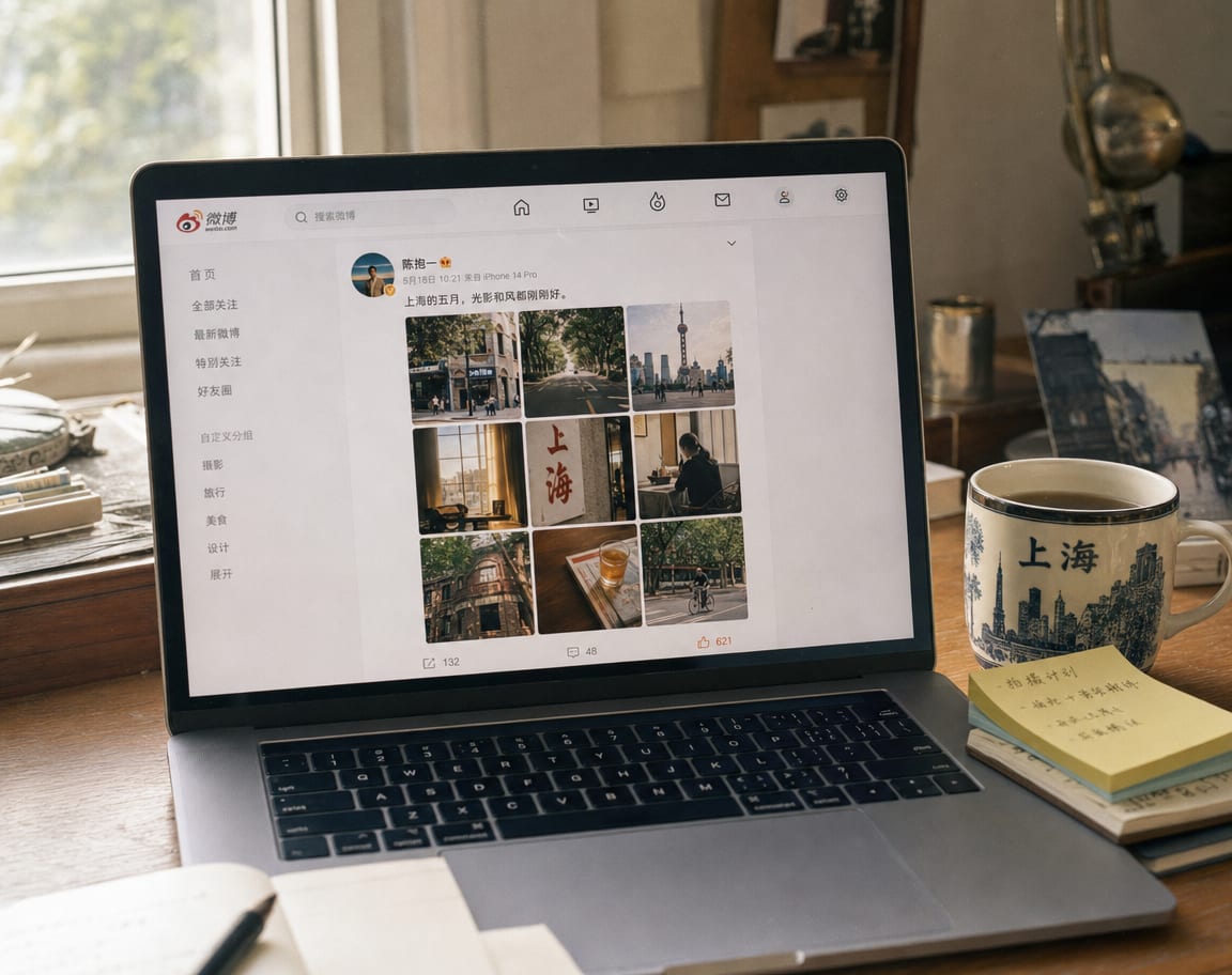A phone held in both hands, the screen filled with a Weibo feed post, a circular profile avatar and name at the top, a short caption, a nine-image grid below it and a repost, comment and like row along the bottom of the card.