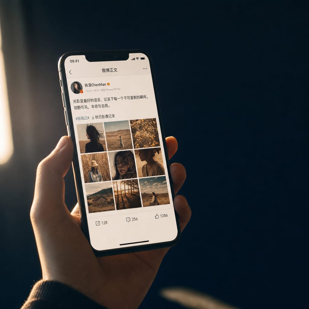A hand holding a phone in warm rim light showing a Weibo feed post.